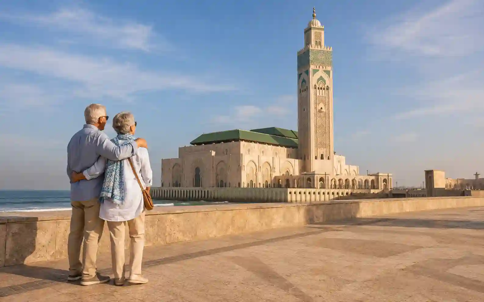 Senior couple visiting Hassan II Mosque during a Morocco tour from Casablanca
