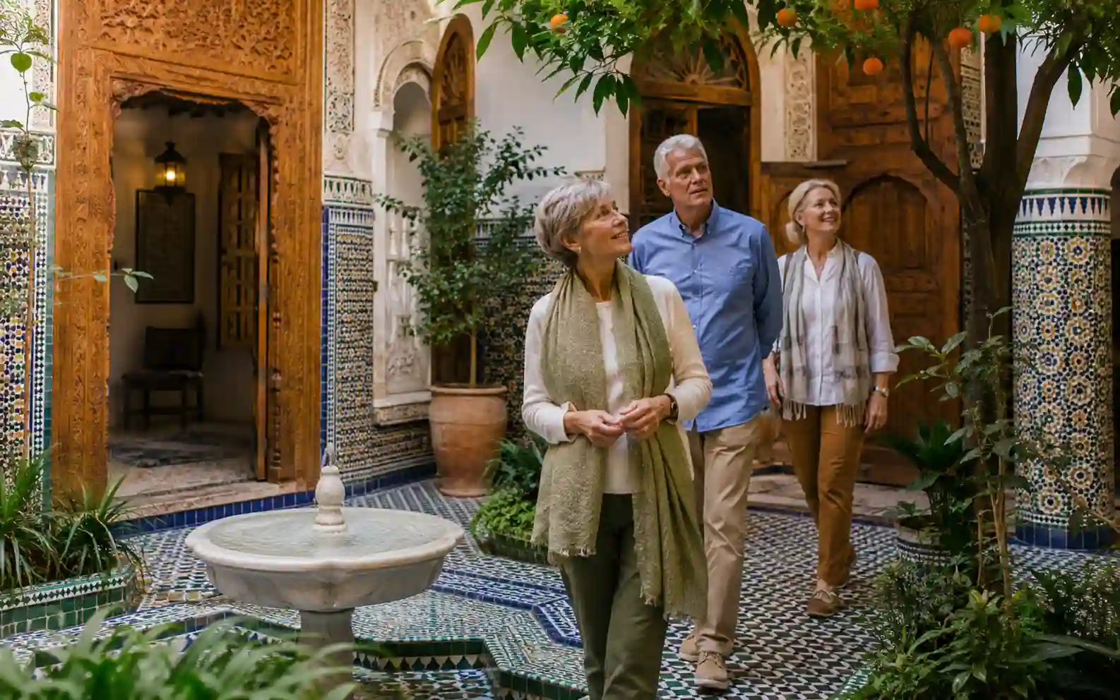 Senior travelers exploring a traditional riad during a comfortable Morocco tour