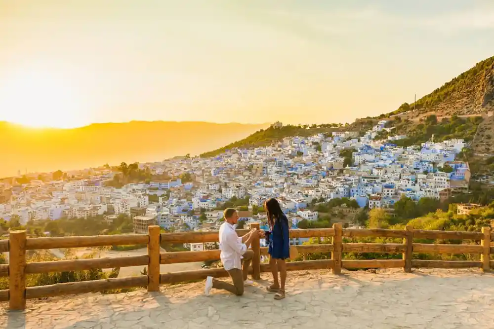 Couple exploring Chefchaouen during a 7-day private honeymoon tour