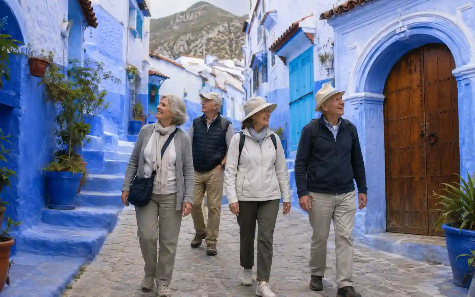 Older travelers exploring the blue streets of Chefchaouen in Morocco