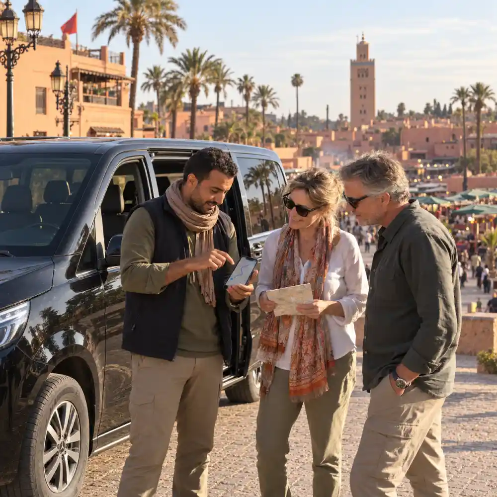 Travelers receiving booking help from a local Morocco travel expert