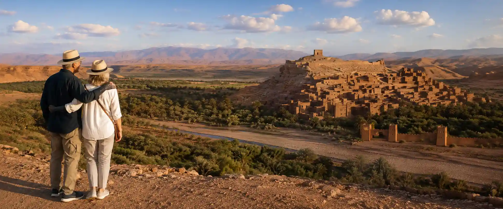 Senior couple enjoying a private Morocco tour overlooking Ait Ben Haddou