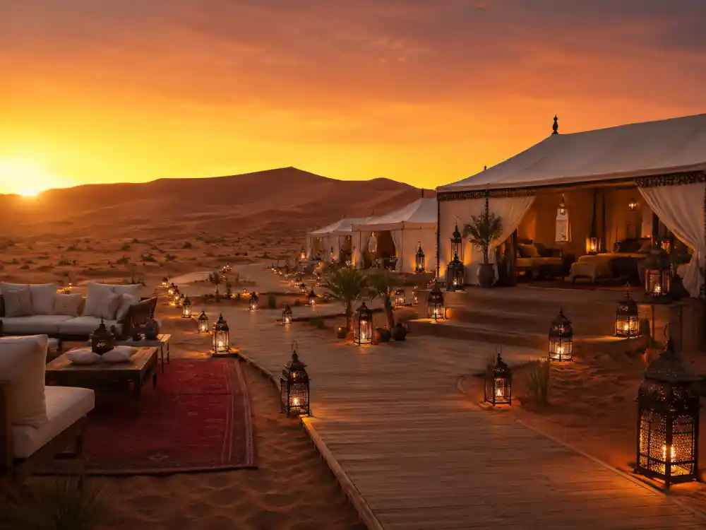 Ultimate luxury Sahara desert camp with spacious private tents in Merzouga