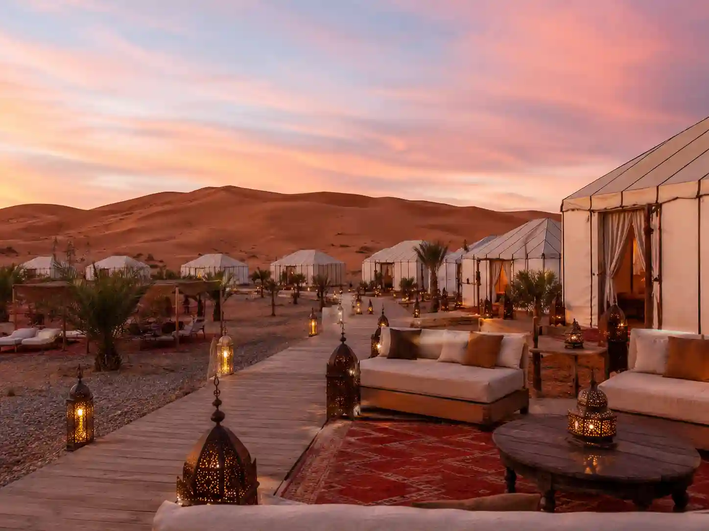 Luxury Sahara desert camp with private tents in Merzouga Morocco