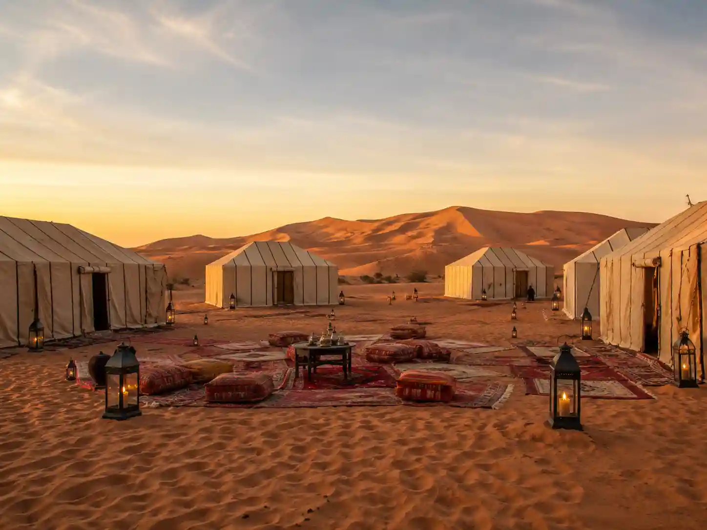 Traditional standard Sahara desert camp near the Erg Chebbi dunes in Merzouga